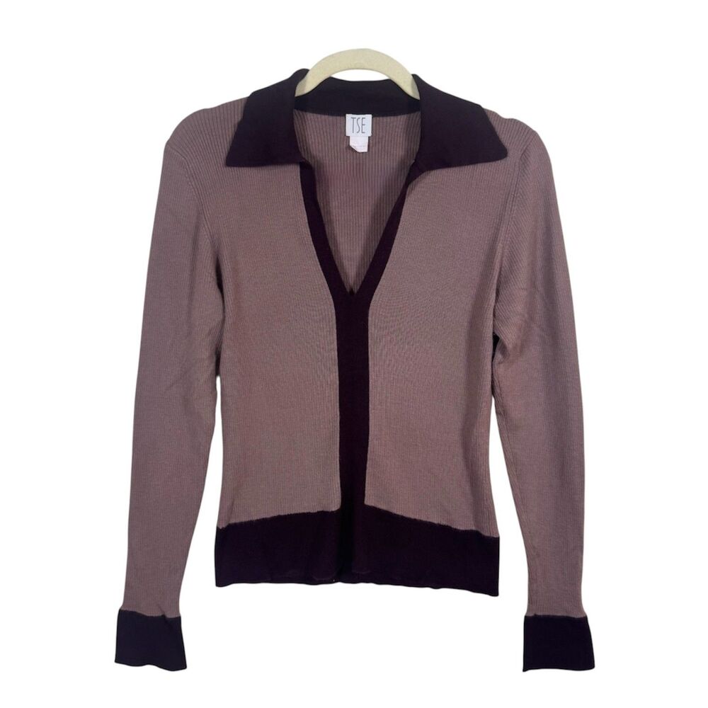 TSE 100% Cashmere Colorblock Collared Sweater L Mauve As-Is Minor Repair Needed